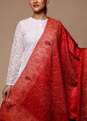 Red Butta Work With Zari Woven Border Shawl