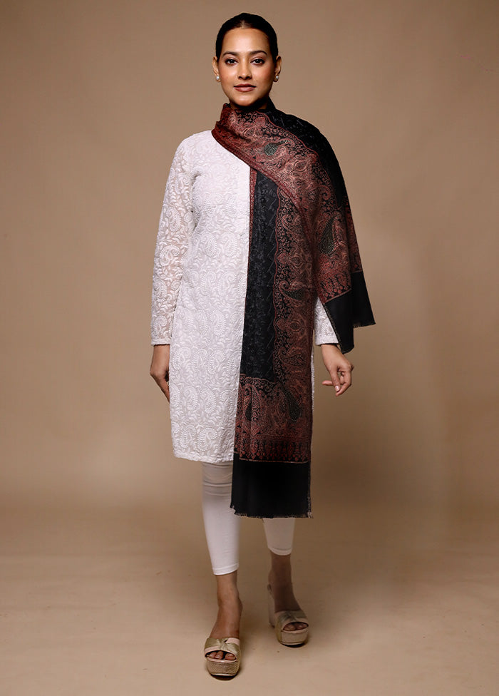 Black Butta Work With Zari Woven Border Shawl