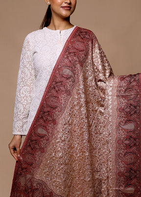 Brown Butta Work With Zari Woven Border Shawl