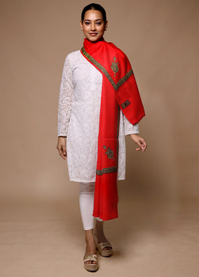 Red Butta Work With Zari Woven Border Shawl