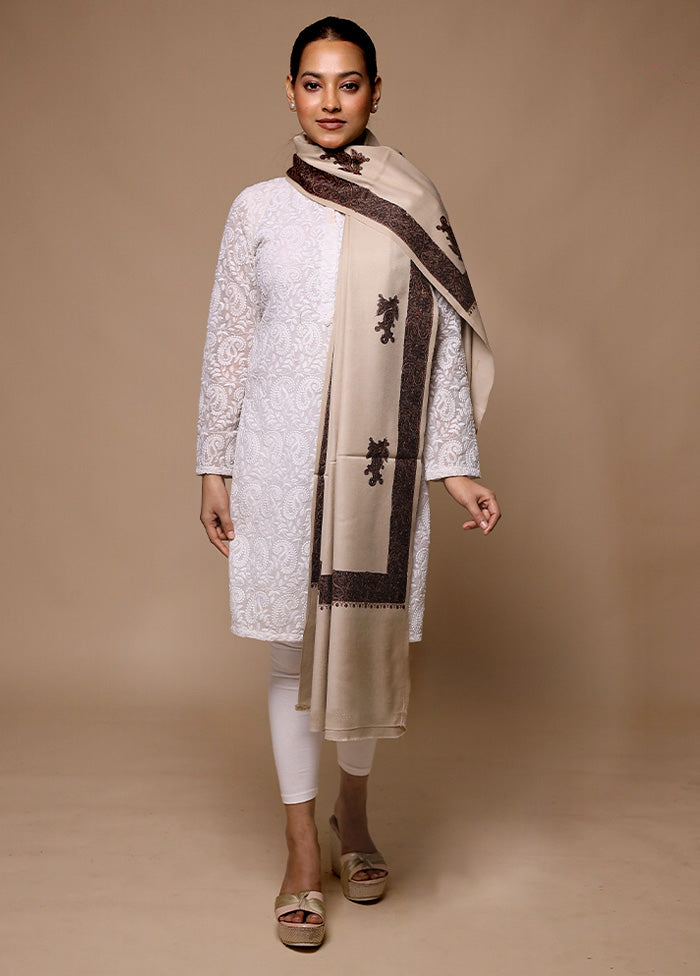 Cream Butta Work With Zari Woven Border Shawl