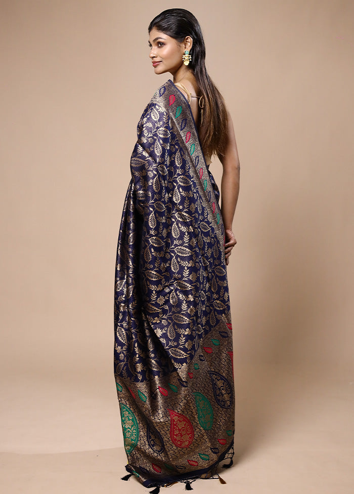 Blue Dupion Silk Saree With Blouse Piece