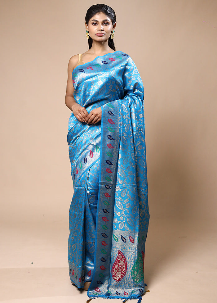 Blue Dupion Silk Saree With Blouse Piece