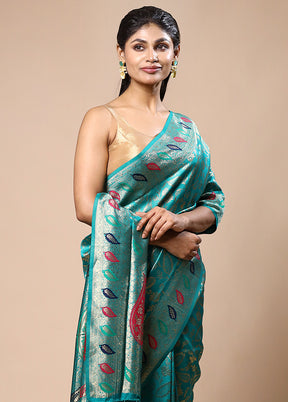 Teal Blue Dupion Silk Saree With Blouse Piece