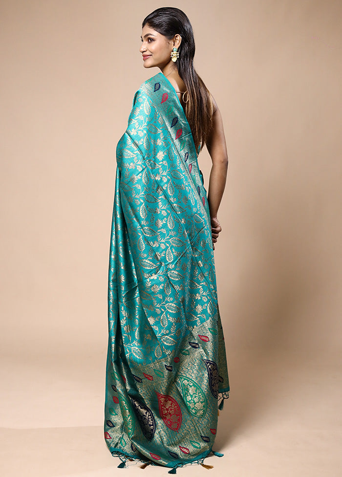 Teal Blue Dupion Silk Saree With Blouse Piece