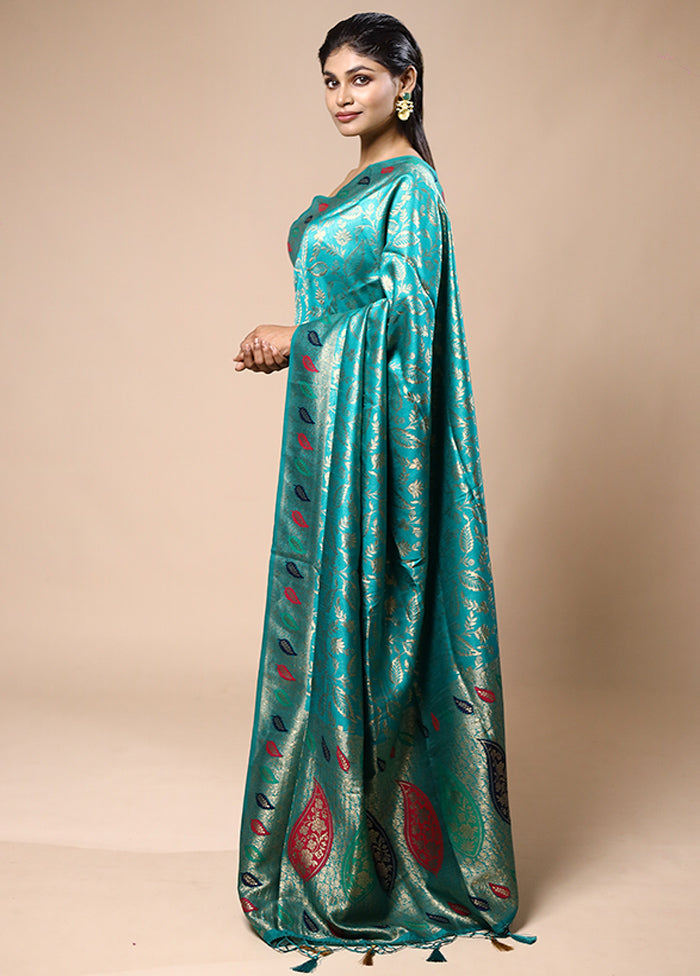 Teal Blue Dupion Silk Saree With Blouse Piece