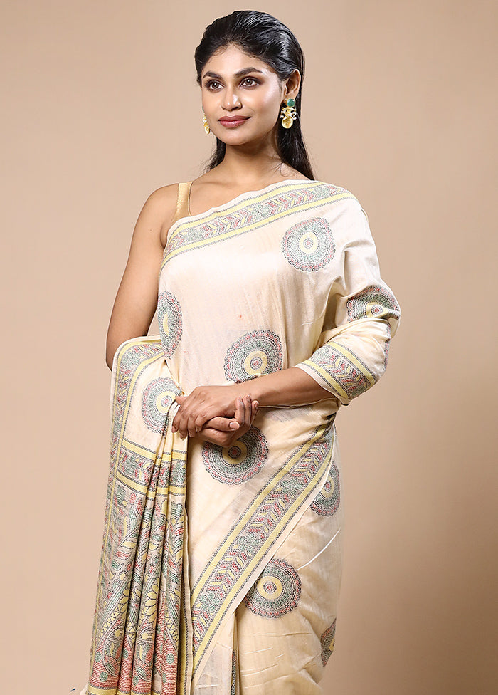 Cream Dupion Silk Saree With Blouse Piece