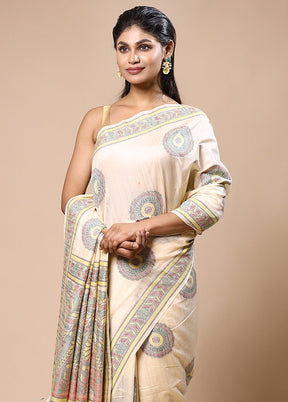 Cream Dupion Silk Saree With Blouse Piece