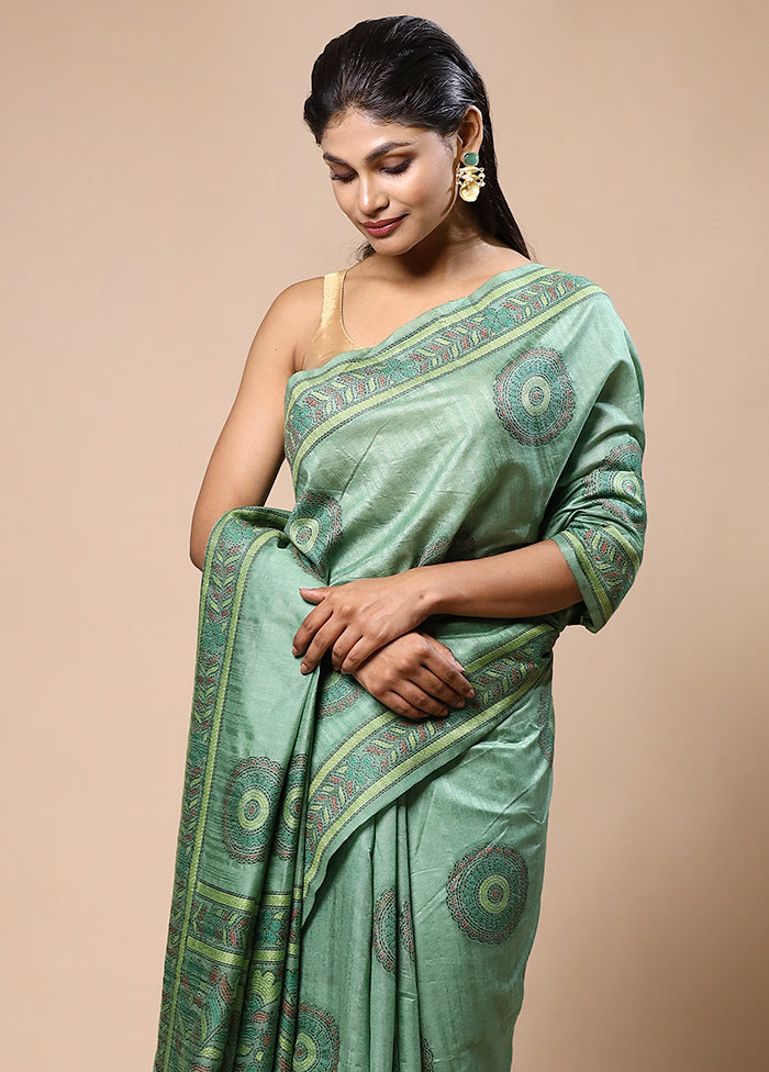 Green Dupion Silk Saree With Blouse Piece