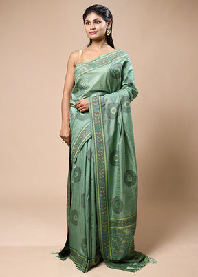 Green Dupion Silk Saree With Blouse Piece