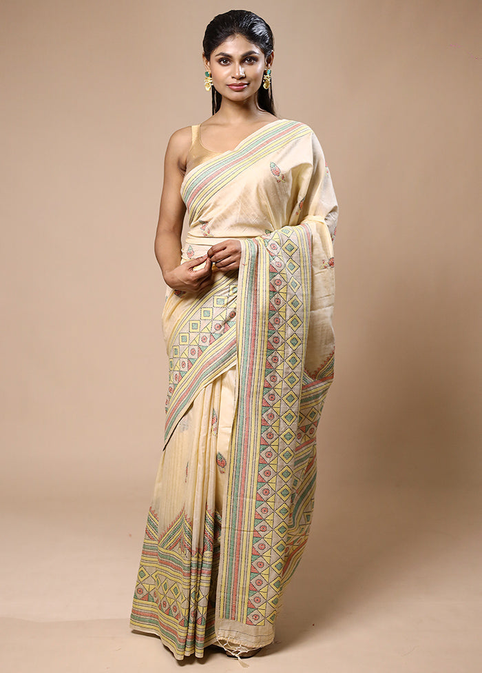 Cream Dupion Silk Saree With Blouse Piece