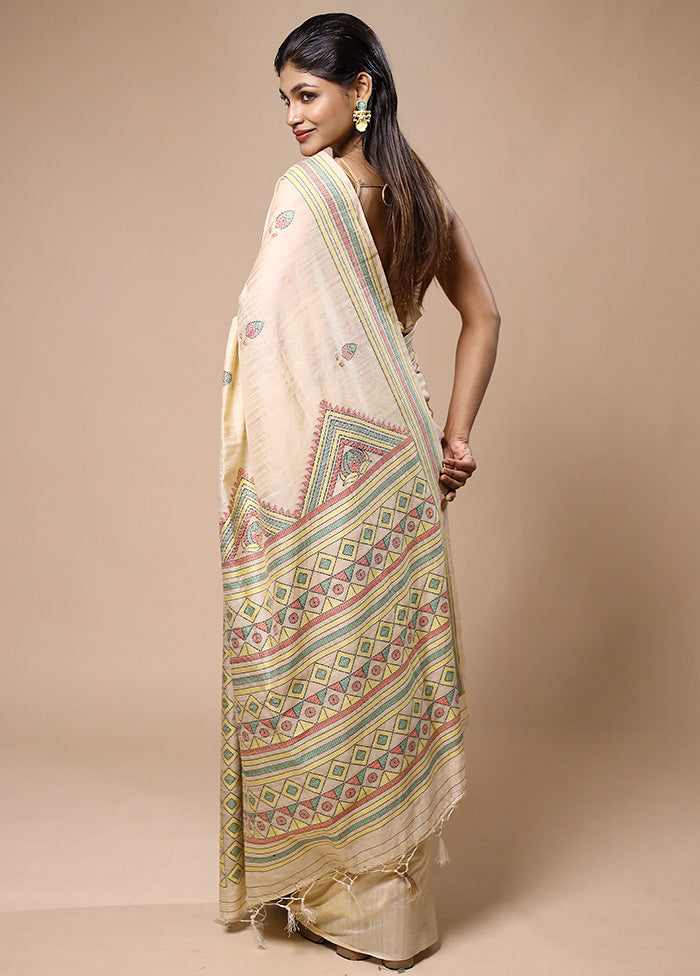 Cream Dupion Silk Saree With Blouse Piece