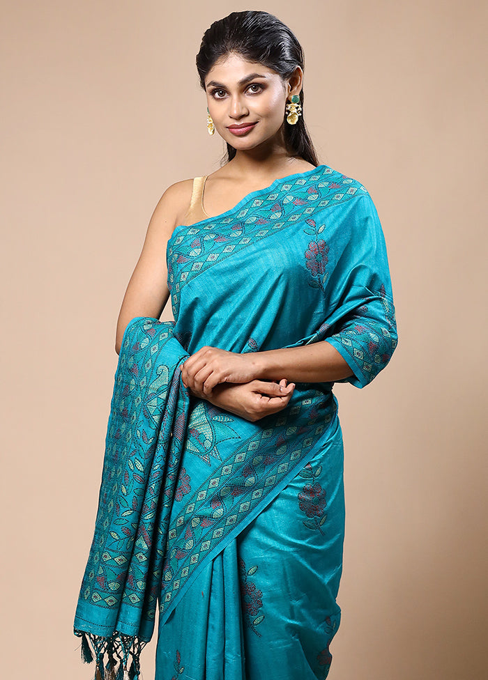 Blue Dupion Silk Saree With Blouse Piece