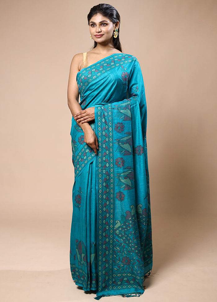 Blue Dupion Silk Saree With Blouse Piece