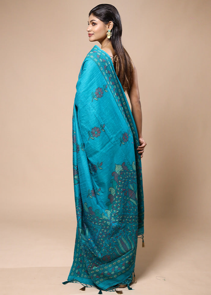 Blue Dupion Silk Saree With Blouse Piece