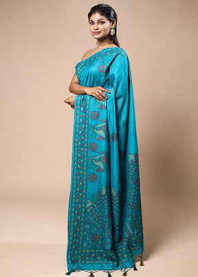 Blue Dupion Silk Saree With Blouse Piece