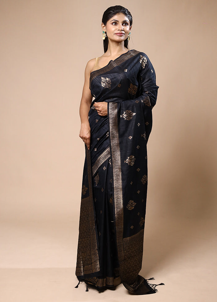 Black Dupion Silk Saree With Blouse Piece