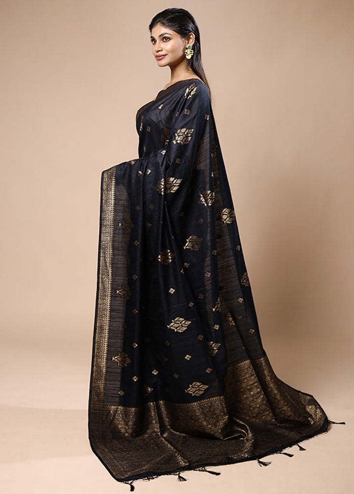 Black Dupion Silk Saree With Blouse Piece