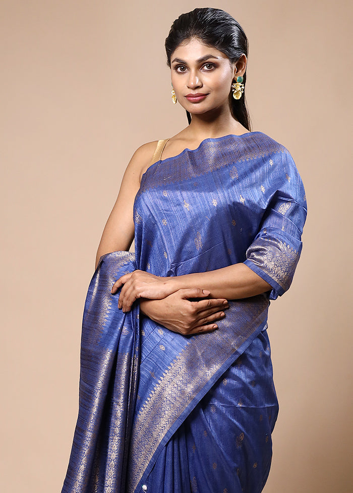 Blue Dupion Silk Saree With Blouse Piece