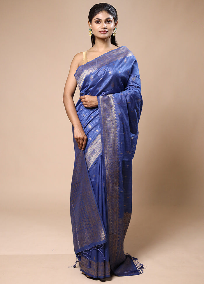 Blue Dupion Silk Saree With Blouse Piece