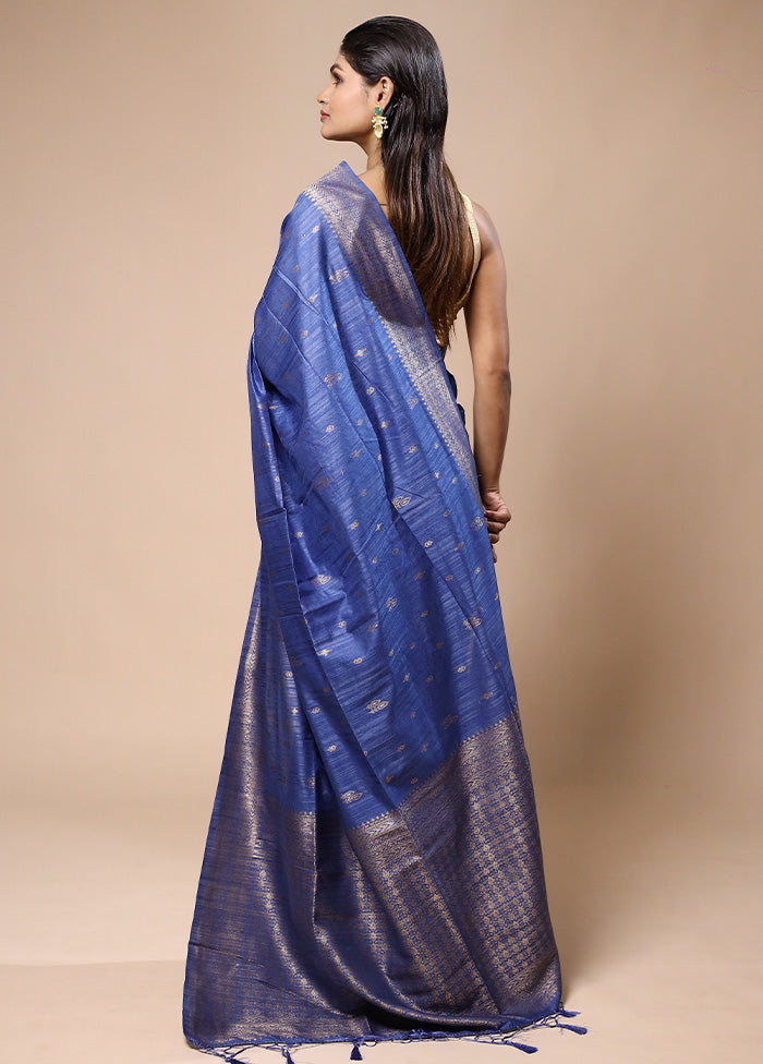 Blue Dupion Silk Saree With Blouse Piece