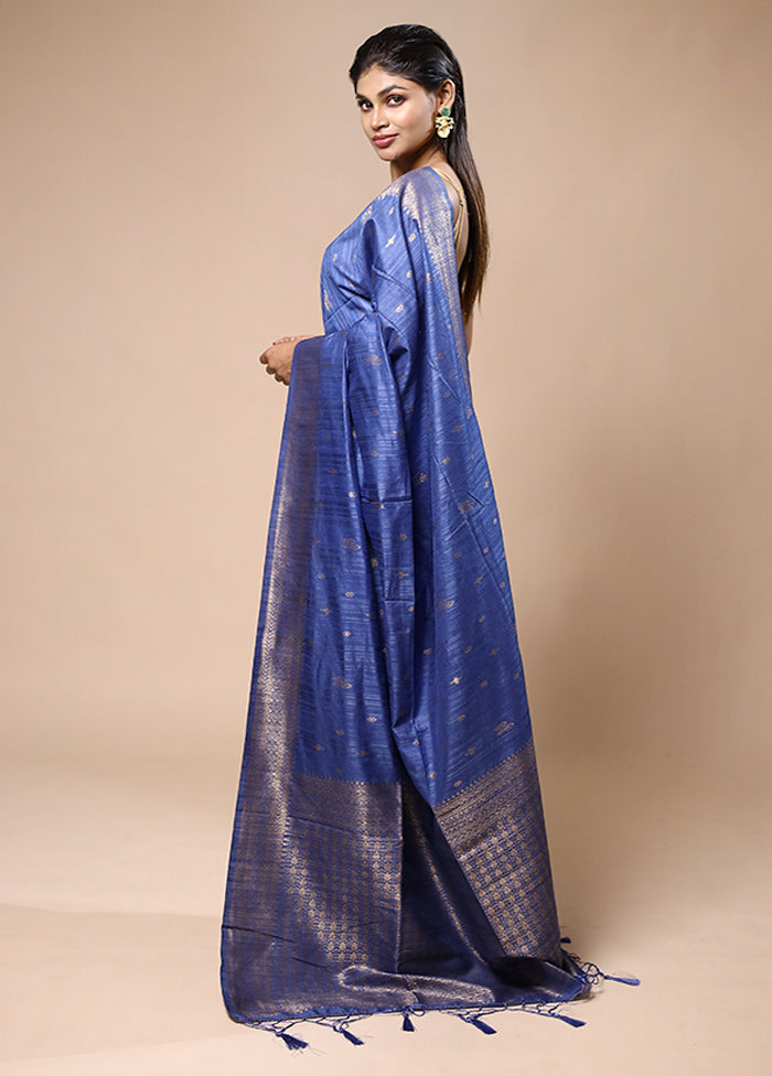 Blue Dupion Silk Saree With Blouse Piece