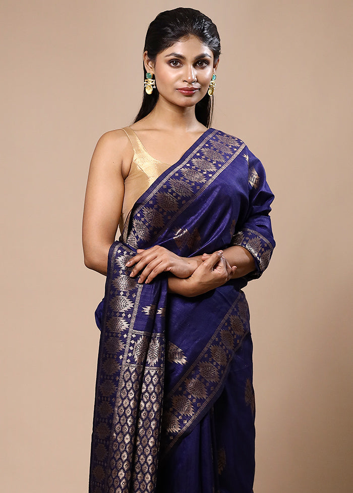 Blue Dupion Silk Saree With Blouse Piece