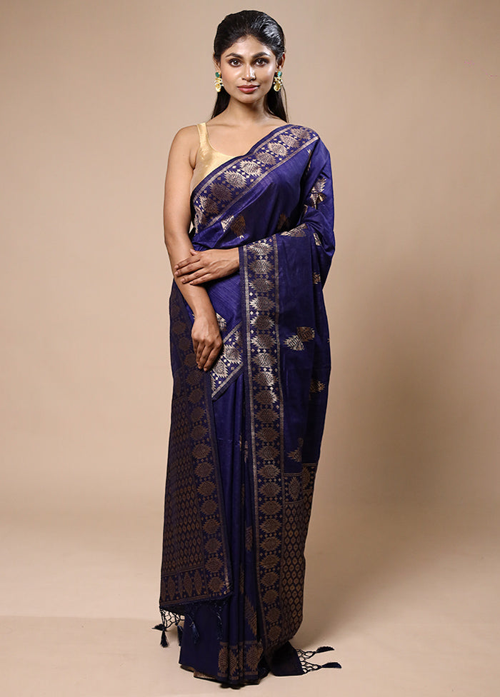 Blue Dupion Silk Saree With Blouse Piece