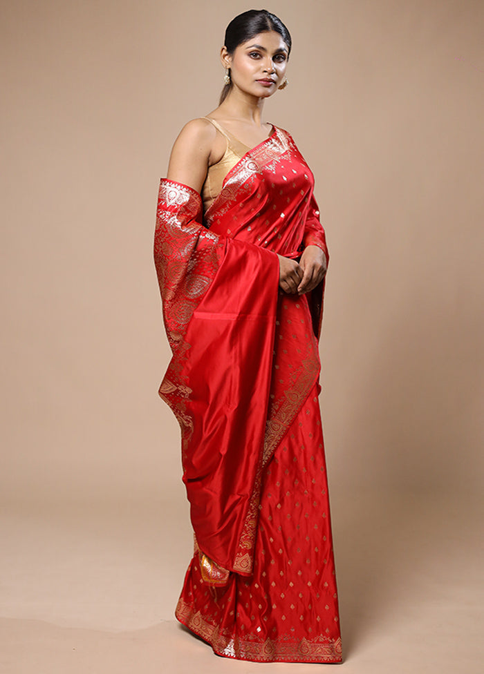 Red Banarasi Silk Saree With Blouse Piece