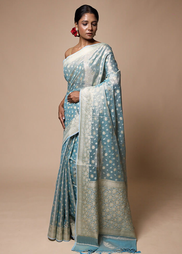 Blue Tissue Silk Saree With Blouse Piece