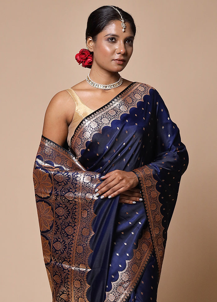 Navy Blue Banarasi Silk Saree With Blouse Piece