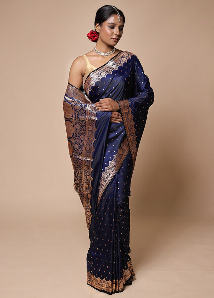 Navy Blue Banarasi Silk Saree With Blouse Piece