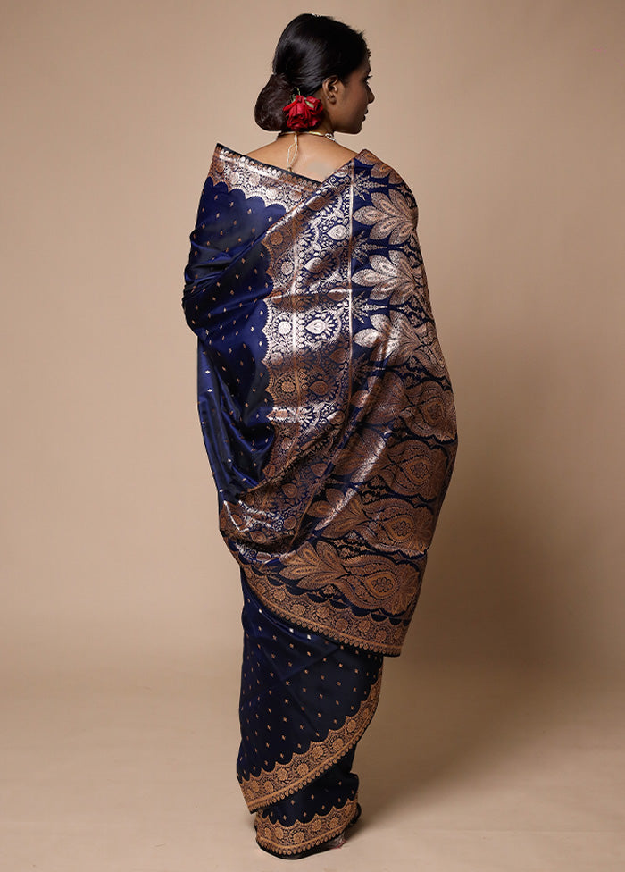 Navy Blue Banarasi Silk Saree With Blouse Piece