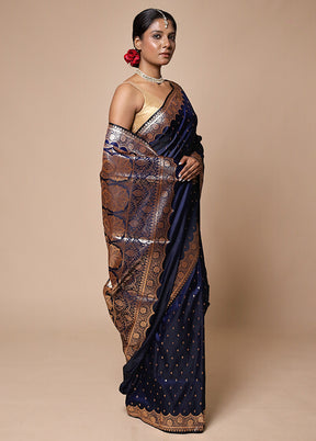 Navy Blue Banarasi Silk Saree With Blouse Piece