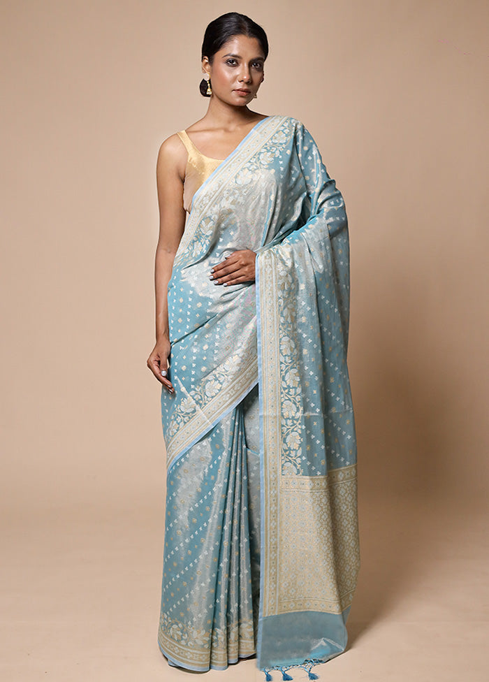 Blue Tissue Silk Saree With Blouse Piece