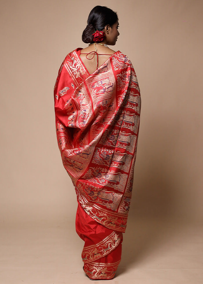 Red Handloom Baluchari Pure Silk Saree With Blouse Piece