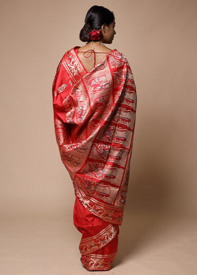 Red Handloom Baluchari Pure Silk Saree With Blouse Piece