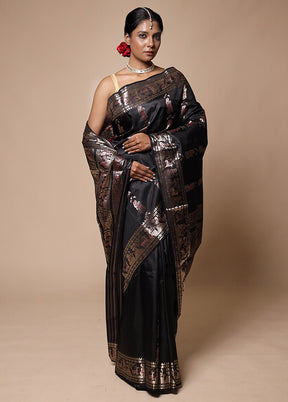 Black Handloom Baluchari Pure Silk Saree With Blouse Piece