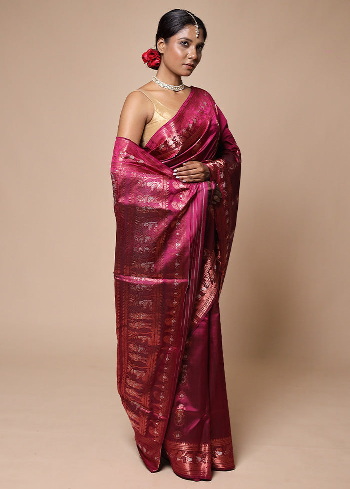 Pink Handloom Baluchari Pure Silk Saree With Blouse Piece