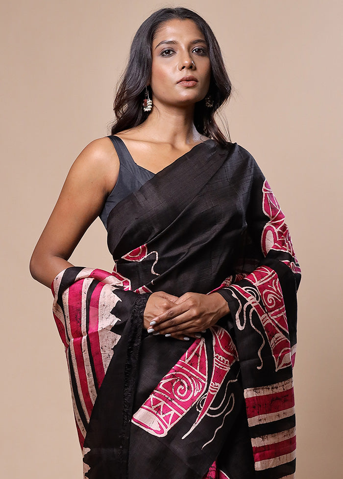 Black Printed Pure Silk Saree Without Blouse Piece