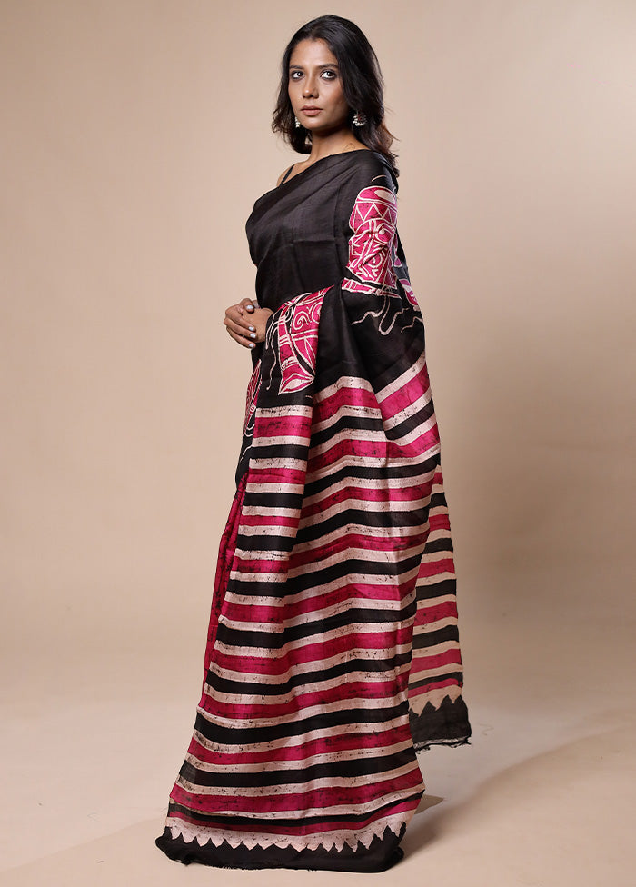 Black Printed Pure Silk Saree Without Blouse Piece