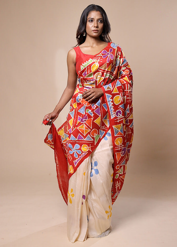 Cream Printed Pure Silk Saree Without Blouse Piece