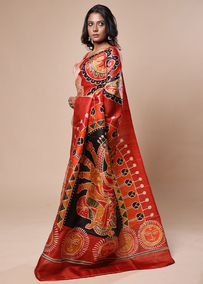 Orange Printed Pure Silk Saree Without Blouse Piece