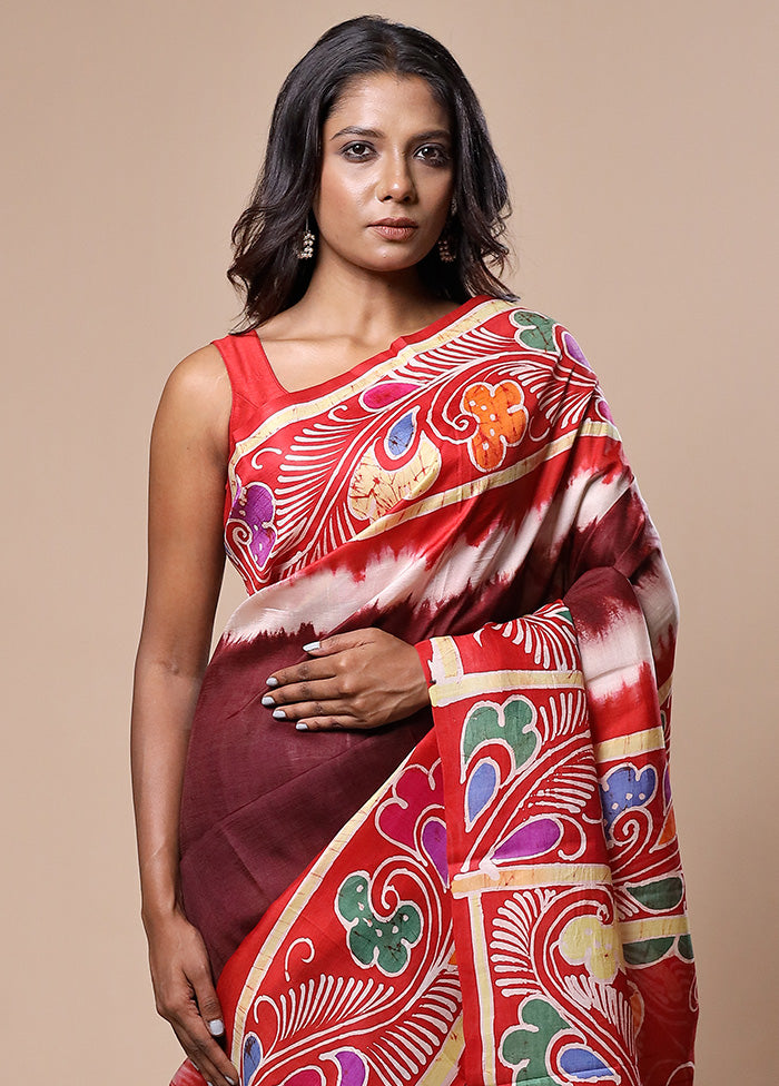 Maroon Printed Pure Silk Saree Without Blouse Piece