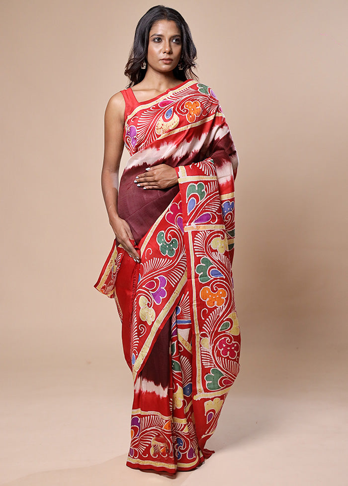 Maroon Printed Pure Silk Saree Without Blouse Piece