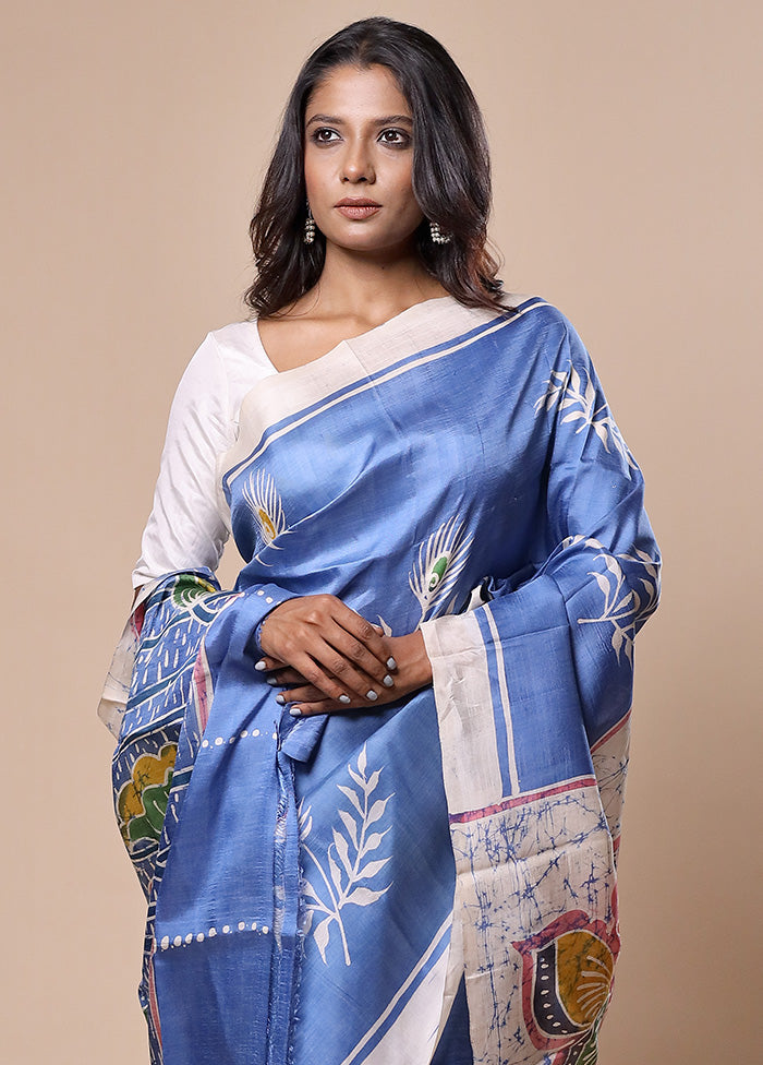 Blue Printed Pure Silk Saree Without Blouse Piece