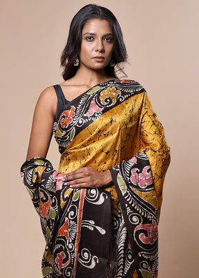 Yellow Printed Pure Silk Saree Without Blouse Piece