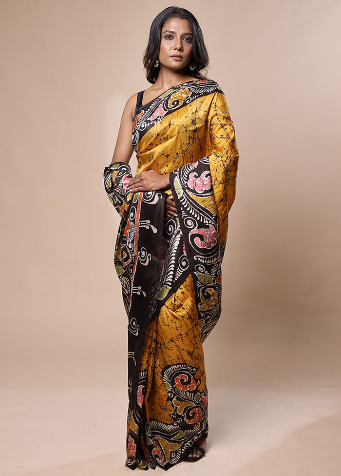 Yellow Printed Pure Silk Saree Without Blouse Piece