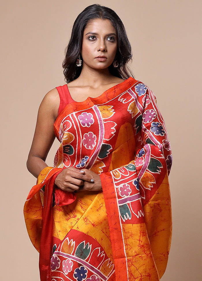 Yellow Printed Pure Silk Saree Without Blouse Piece