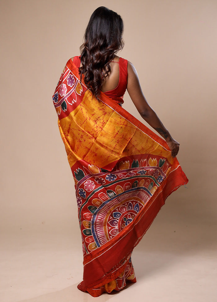 Yellow Printed Pure Silk Saree Without Blouse Piece